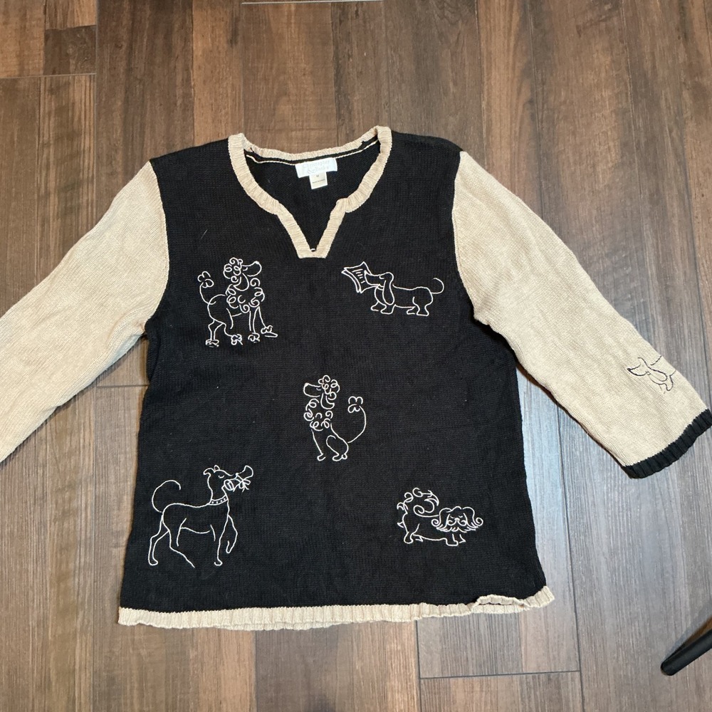 Christopher & Banks Vintage Dog Embroidered Sweater Black Tan Medium Poodles M